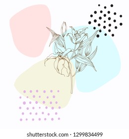 floral abstract vector background with pastel blobs and lilies in hand drawn line style