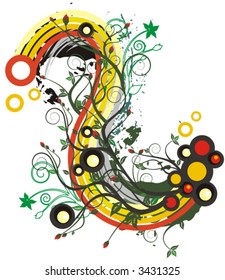 Abstrakter floraler Vektorhintergrund mit Rosenstöcken, Regenbogen und Bildlaufdetails. Sehen Sie sich mein Portfolio für viele weitere dieser Serie an, sowie für tausende andere großartige Vektorgrafiken.