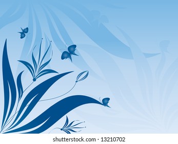 floral abstract vector with butterflies in blue colors. Gradients used