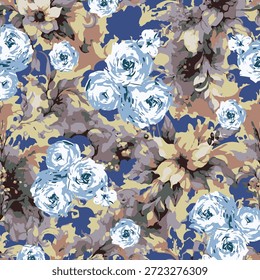 Diseño de Vector abstracto floral, arreglo con flor de tamaño Mediano, patrón completo con ilustración de color marrón y azul, planta de impresión de Imagen digital y fondo