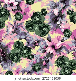Floral abstract vector design, arrangement with medium size flower, all-over pattern with green and red color illustration, digital image printing plant and background
