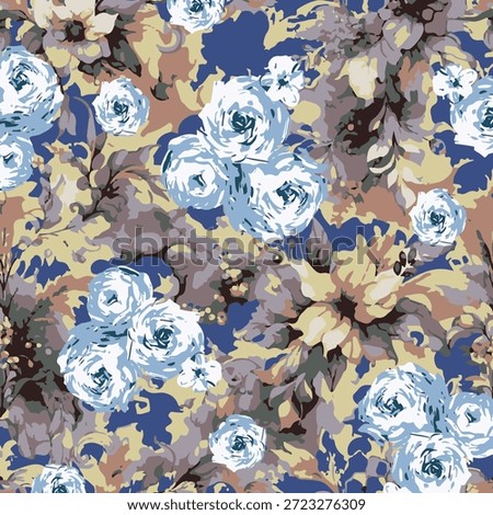 Floral abstract vector design, arrangement with medium size flower, all-over  pattern with brown and blue color illustration, digital image printing plant and background