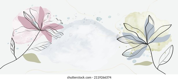 Floral abstract vector with line art pattern background. Flower and leafy wallpaper design with watercolor texture and colorful brush. For banner, prints, wall art, invitation and wedding card.