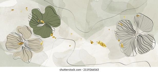 Floral abstract vector with line art pattern background. Flower and leafy wallpaper design with green tone watercolor texture golden brush. For banner, prints, wall art, invitation and wedding card.