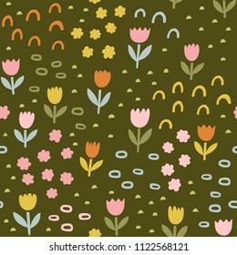 Floral abstract vector pattern. Flowers and geometric doodle shapes spring seamless background. Vintage retro colors.