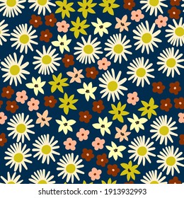 Floral abstract vector seamless pattern with chamomile and alpine flowers in minimalistic style. Hand-drawn botanical repeated background for fabric design. Stylish bright print with flowers on dark b