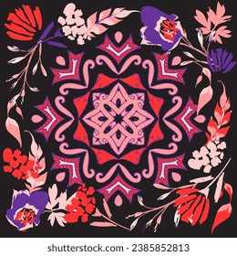 Floral abstract vintage scarf design with mandala. Floral ornament motif for decoration fabric, women clothing, scarf, wallpaper design.