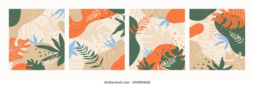 Arte mural abstracto floral, decoración minimalista de hojas, flores de las plantas de la línea de arte