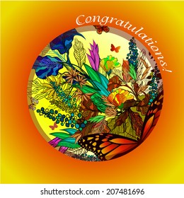 Floral abstraction with butterflies in a circle. Greeting Card. Vector 