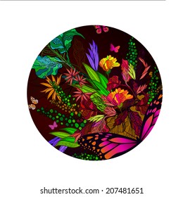 Floral abstraction with butterflies in a circle. Vector 