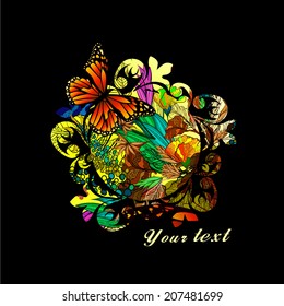 Floral abstraction with butterflies. Greeting Card. Vector 