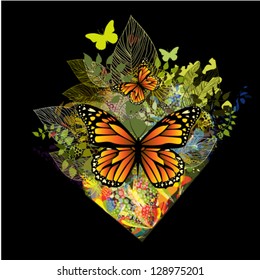 Floral abstraction with butterflies on a black background