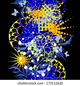 Floral abstraction with butterflies on a dark background. Vector 