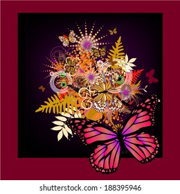 Floral abstraction with butterflies on a dark purple background. Vector 