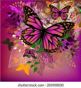 Floral abstraction with butterflies on a white burgundy background. Vector 