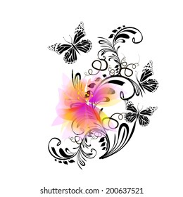 floral abstraction with butterflies. Vector 