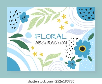 Floral abstraction. Doodle flowers and leaves, organic forms on white background. Black dots with botanical elements. Banner design, poster with frame. Vector cartoon flat style isolated illustration