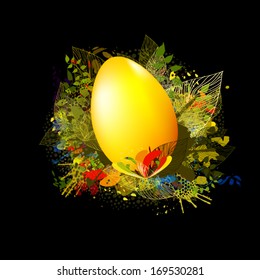 Floral abstraction with golden egg. Happy Easter! Vector