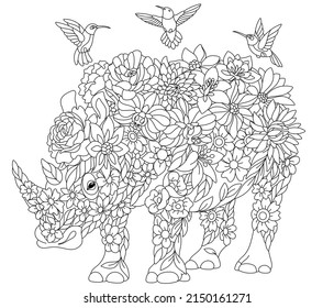 Floral adult coloring book page. Fairy tale rhino. Ethereal animal consisting of flowers, leaves and hummingbirds. 