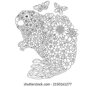 Floral adult coloring book page. Fairy tale beaver. Ethereal animal consisting of flowers, leaves and butterflies. 