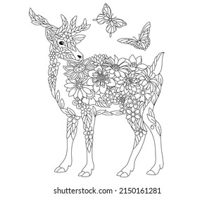 Floral adult coloring book page. Fairy tale deer. Ethereal animal consisting of flowers, leaves and butterflies. 