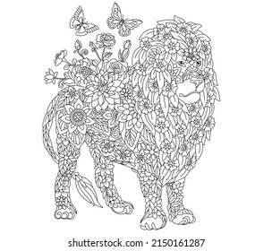 Floral adult coloring book page. Fairy tale lion. Ethereal animal consisting of flowers, leaves and butterflies. 