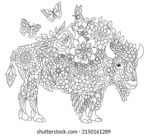 Floral adult coloring book page. Fairy tale bison or buffalo. Ethereal animal consisting of flowers, leaves and butterflies. 