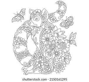 Floral adult coloring book page. Fairy tale lemur. Ethereal animal consisting of flowers, leaves and butterflies. 