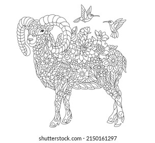 Floral adult coloring book page. Fairy tale ram or goat. Ethereal animal consisting of flowers, leaves and hummingbirds. 