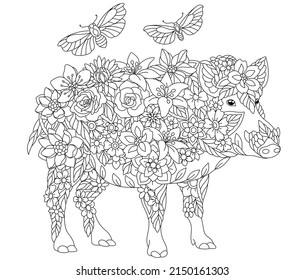 Blumenblätterblatt für Erwachsene. Weibliche Wildschweine. Ätherisches Tier bestehend aus Blumen, Blättern und Schmetterlingen. 