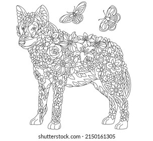 Floral adult coloring book page. Fairy tale wolf. Ethereal animal consisting of flowers, leaves and butterflies. 