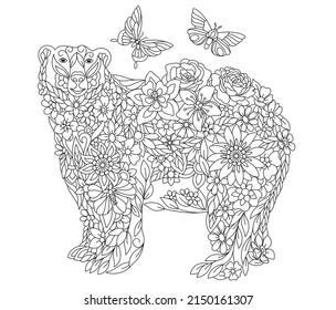 Floral adult coloring book page. Fairy tale polar bear. Ethereal animal consisting of flowers, leaves and butterflies. 