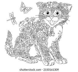 página Floral de libros de colorantes para adultos. Gatito de cuento de hadas. Animal etéreo compuesto de flores, hojas e insectos. 