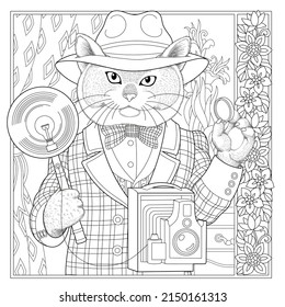 Floral adult coloring book page. Fairy tale cat. Male animal in costume with flower frame. 