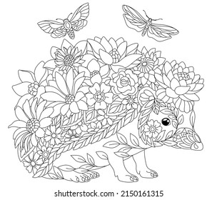 Floral adult coloring book page. Fairy tale hedgehog. Ethereal animal consisting of flowers, leaves and butterflies. 