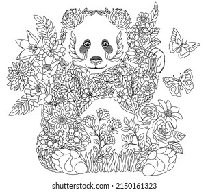 página Floral de libros de colorantes para adultos. Oso panda de cuento de hadas. Animal etéreo compuesto de flores, hojas y mariposas. 