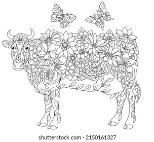 Floral adult coloring book page. Fairy tale cow. Ethereal animal consisting of flowers, leaves and butterflies. 