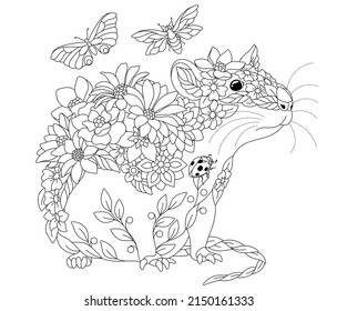 Floral adult coloring book page. Fairy tale mouse. Ethereal animal consisting of flowers, leaves and butterflies. 