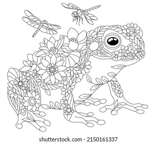 Floral adult coloring book page. Fairy tale frog. Ethereal animal consisting of flowers, leaves and dragonflies. 