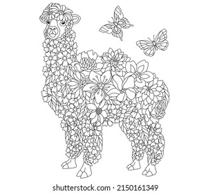 Floral adult coloring book page. Fairy tale llama or alpaca. Ethereal animal consisting of flowers, leaves and butterflies. 