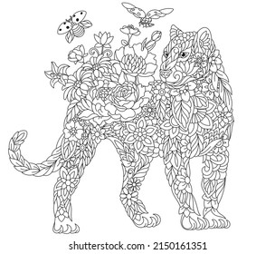 Floral adult coloring book page. Fairy tale panther. Ethereal animal consisting of flowers, leaves and ladybugs. 