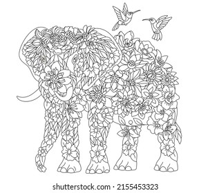 Floral adult coloring book page. Fairy tale elephant. Ethereal animal consisting of flowers, leaves and birds