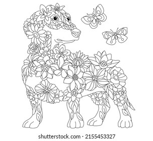 Floral adult coloring book page. Fairy tale dachshund dog. Ethereal animal consisting of flowers, leaves and butterflies