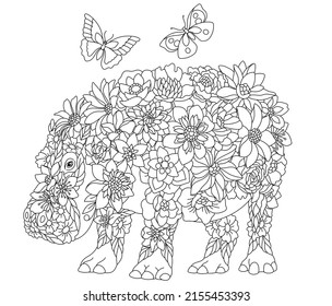 Floral adult coloring book page. Fairy tale hippo. Ethereal animal consisting of flowers, leaves and butterflies