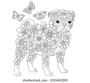 Floral adult coloring book page. Fairy tale pug dog. Ethereal animal consisting of flowers, leaves and butterflies