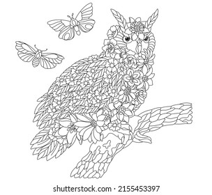 Floral adult coloring book page. Fairy tale owl bird. Ethereal animal consisting of flowers, leaves and butterflies