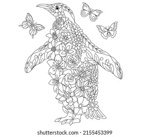 Floral adult coloring book page. Fairy tale penguin. Ethereal animal consisting of flowers, leaves and butterflies