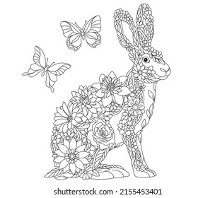 Floral adult coloring book page. Fairy tale hare or rabbit. Ethereal animal consisting of flowers, leaves and butterflies