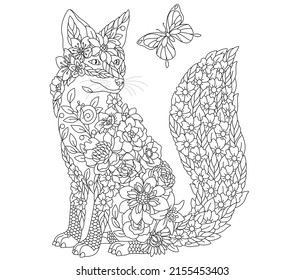 Floral adult coloring book page. Fairy tale fox. Ethereal animal consisting of flowers, leaves and butterflies