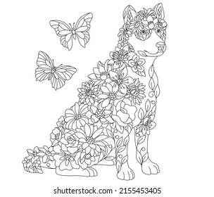 Floral adult coloring book page. Fairy tale husky dog. Ethereal animal consisting of flowers, leaves and butterflies